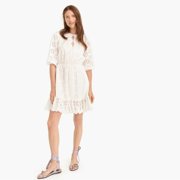 J CREW Size Small White Eyelet Dress Tie Waist Scalloped Edges Ethereal $148 NWT - Picture 1 of 16